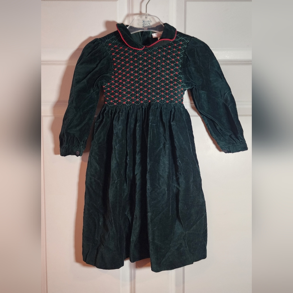 Sophie Dess Vintage Green Red Velvet Long Sleeve Toddler Girl Holiday Dress 3yrs